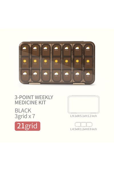 Choice3 21G Black Portable 21/28 Grids Weekly Pill Box Medicine Dispenser Tablet Organizer Storage Boxes 7 D
