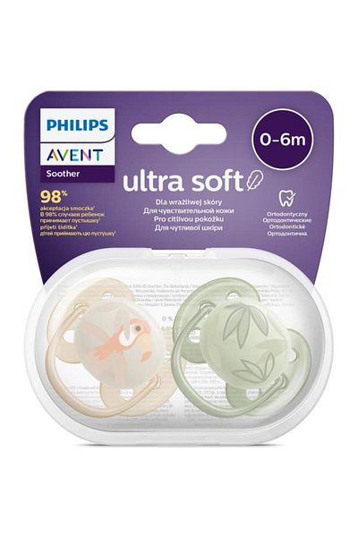 Philips Avent Set 2 pacifiers Philips-Avent SCF091/07, ultra soft 0-6 months, Orthodontic, BPA-free, Leaves/Parrot