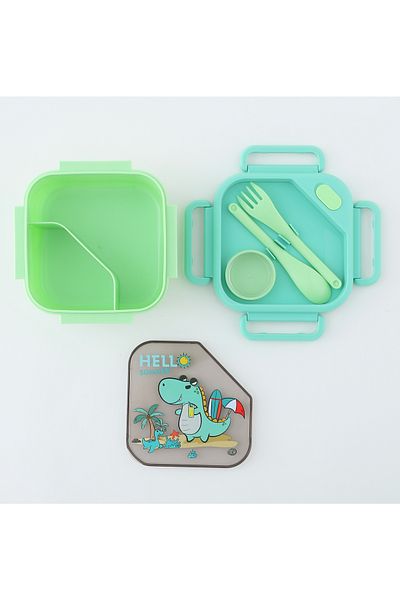 Fab N Funky Kids Lunch Box and Water Bottle Set w/ Accessories, Dinosaur Theme, Dual Compartment - Green