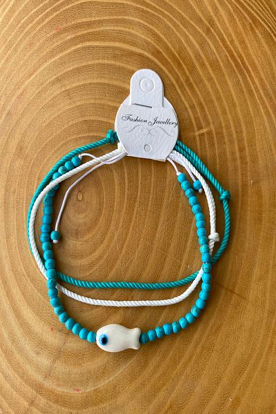 Shepidi 3 Pcs White Fish and Beads Blue and White String Anklet