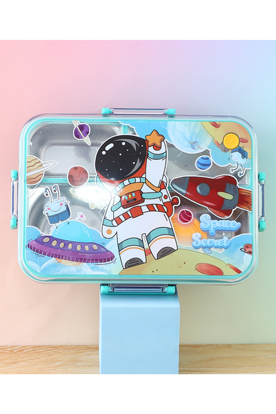 Fab N Funky Kids Lunch Box with Cutlery and Container, Astronaut Theme, Spacious, Organized, Durable - Blue