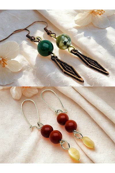 ayrestyle Indian Akiki & Jasper Natural Stone 2-Piece Dangle Dark Copper Color Zamak Plated Long Earrings