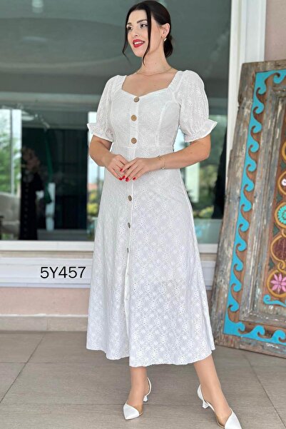 İnce Topuk Короткий рукав з ґудзиками спереду Броде сукня 5y457