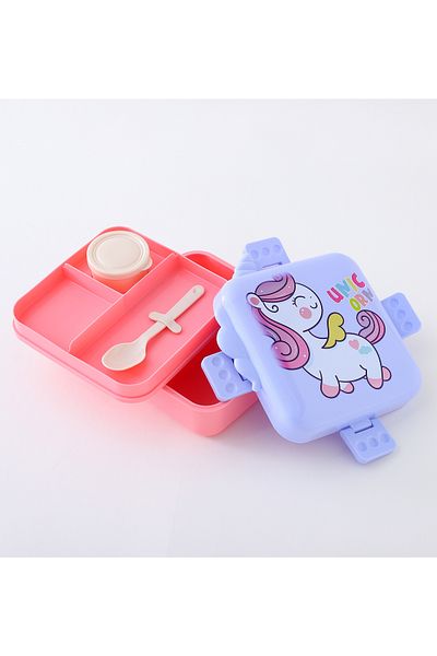 Fab N Funky Kids Lunch Box with Cutlery and Container, Unicorn Theme, Spacious, Organized - Blue and Pink