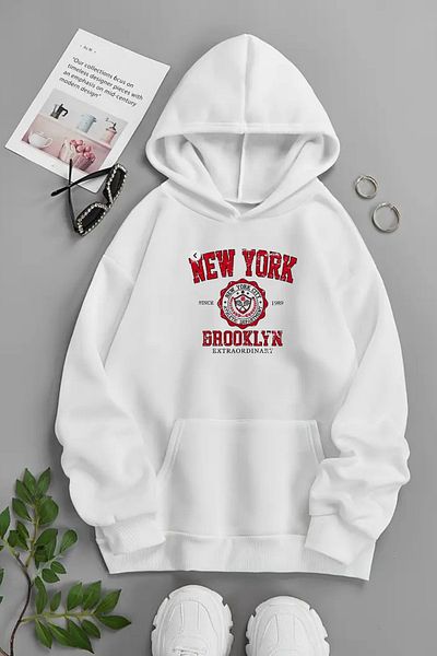 CLAYES Unisex White Hooded Sweatshirt – New York Brooklyn Red, Printed Hooded Thick Fabric