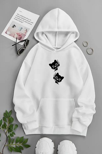 CLAYES Unisex White Hooded Sweatshirt – Curious Paws, Printed Thick Fabric