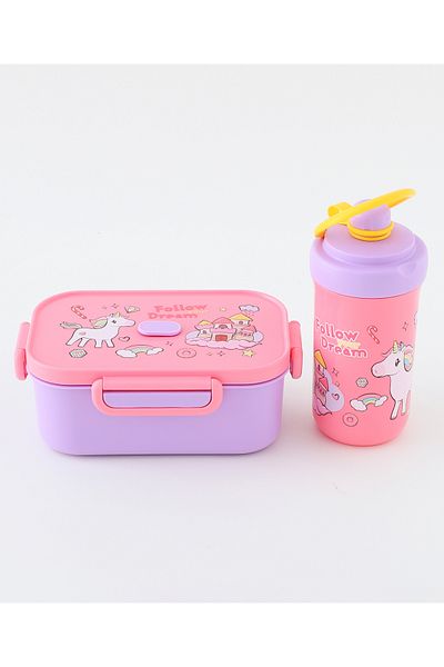 Fab N Funky Kids Lunch Box and Water Bottle Set with Accessories, Unicorn Theme - Pink and Lavender