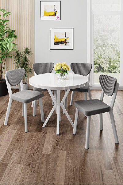 Canisa Agnes Serisi 90x90 Yuvarlak Beyaz Masa Takımı ve 4 Gri Sandalye