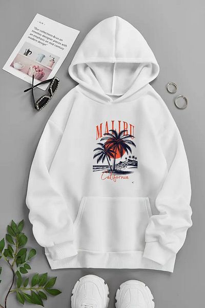CLAYES Unisex White Hooded Sweatshirt – Malibu Beach, Printed Thick Fabric