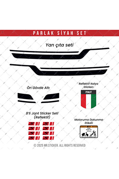 Bay Etiket STS45 Parlak Siyah Renk Vespa GTS 250 GTS 300 Uyumlu Yan Çıta Stic...
