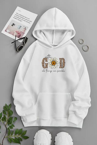 CLAYES Unisex White Hooded Sweatshirt – with God, Printed Thick Fabric