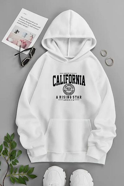 CLAYES Unisex White Hooded Sweatshirt – California Rising Star, Printed Thick Fabric