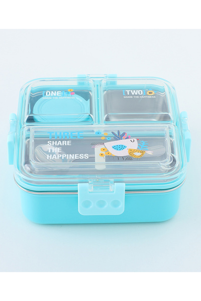 Fab N Funky Kids Lunch Box with Cutlery and Container, Bird Theme, Organized- Blue