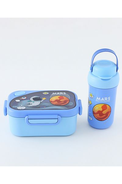 Fab N Funky Kids Lunch Box and Water Bottle Set with Accessories, Astronaut Theme - Blue