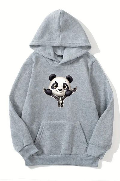 Sweetline Unisex Gray Hooded Sweatshirt – Zip Panda Printed, Raised Thick Fabric