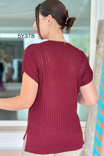 İnce Topuk V Neck Mesh Knit Mercerized Blouse 5Y378