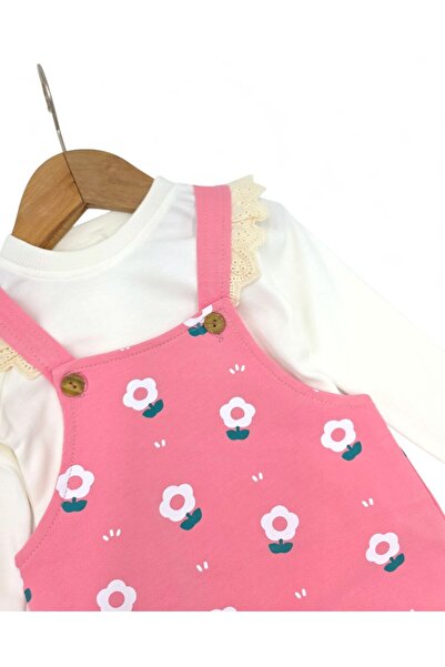 Ege Bebek Baby Girl 6-24 Months Daisy Printed 2 Piece Gardener Salopet Jumpsuit and Underwear Jumpsuit Set Set