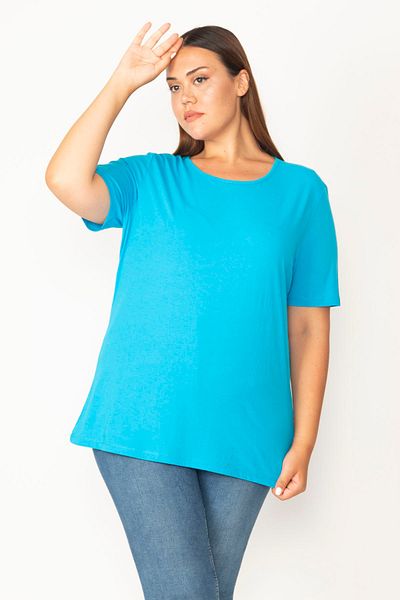 Şans Women's Plus Size Turquoise, Cotton Fabric, Crew Neck, Short Sleeve Blouse 65N39056