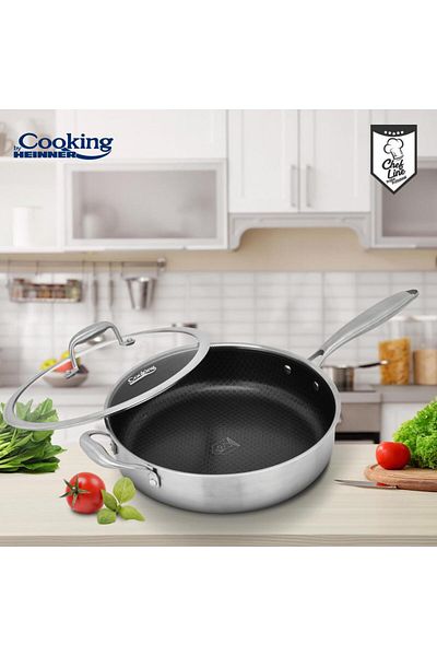 Heinner Deep stainless steel frying pan with lid, size 24x6.5 cm, HONEYCOMB coating, Titanium