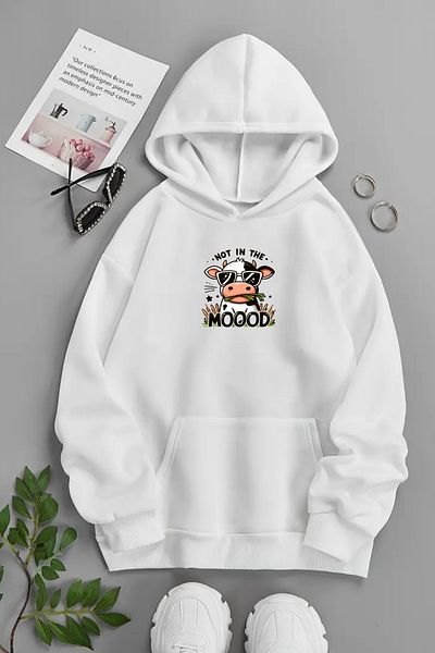 CLAYES Unisex White Hooded Sweatshirt – Not in the Mood, Printed Thick Fabric