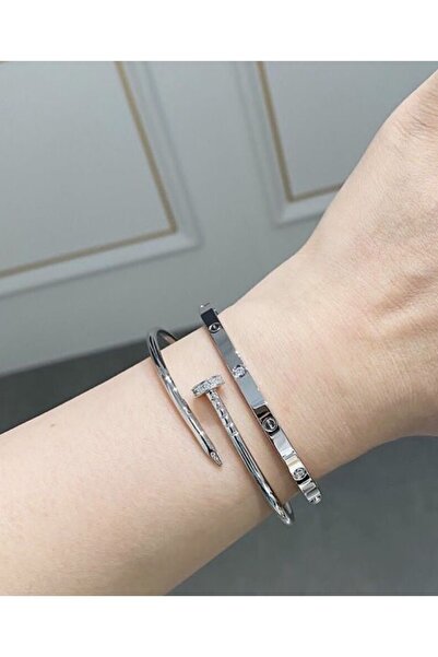 bs bellss accessory مجموعة أساور مزدوجة فضية اللون