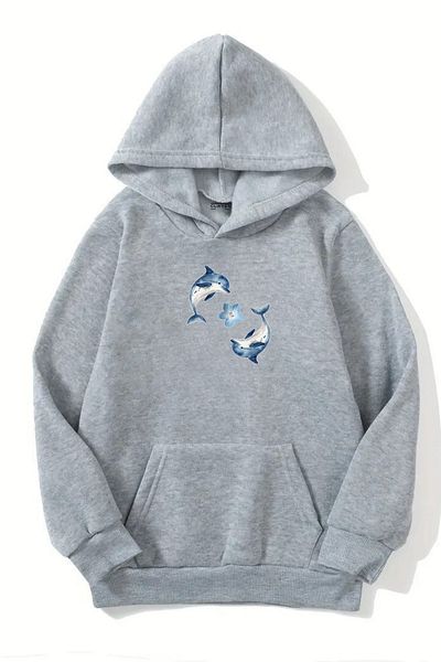 Sweetline Unisex Gray Hooded Sweatshirt – 2-Piece Dolphin Printed, Thick Fabric with Hood