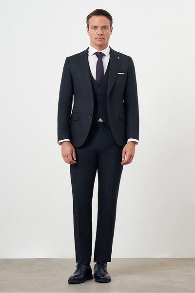 Morven Men's Navy Blue Polyviscon Basic Jacquard Pattern Slim Fit Pointed Collar Suit with Vest