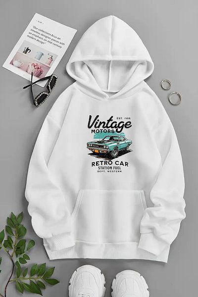 Sweetline Unisex White Hooded Sweatshirt – Vintage Retro Car, Printed Thick Fabric