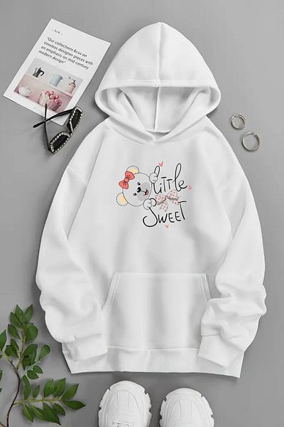 CLAYES Unisex White Hooded Sweatshirt – Litlle Sweat, Printed Thick Fabric