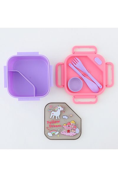 Fab N Funky Kids Lunch Box and Water Bottle Set w/ Accessories, Unicorn Theme - Pink and Lavender