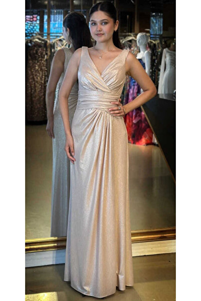 Abiyeniall Bej Kalın Askı V Yaka Anvelop Yırtmaçlı Düz Kesim Simli Uzun Abiye Elbise 11074