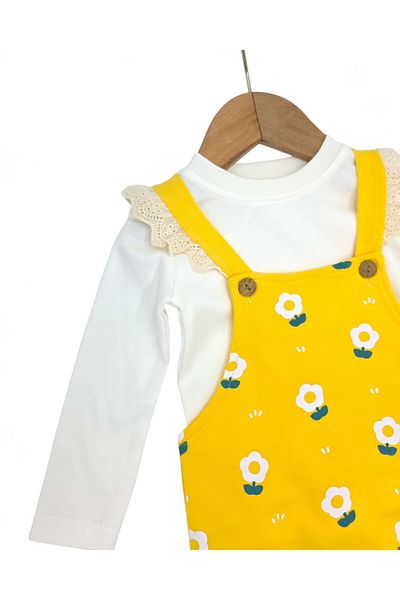 Ege Bebek Baby Girl 6-24 Months Daisy Printed 2 Piece Gardener Salopet Jumpsuit and Underwear Jumpsuit Set Set