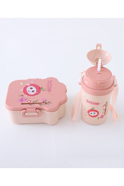 Fab N Funky Kids Lunch Box with Spoon and Water Bottle, Fruit Tree Theme, Dual Compartment - Peach