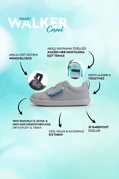 HOPFRÖG Smart Walker Casual Süper Mat Havalı Gri Barefoot Çocuk Ayakkabı