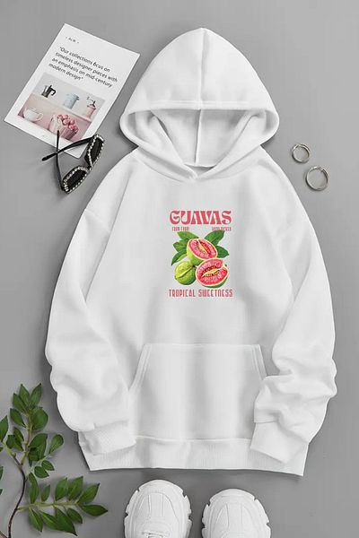 CLAYES Unisex White Hooded Sweatshirt – Guavas, Printed Thick Fabric