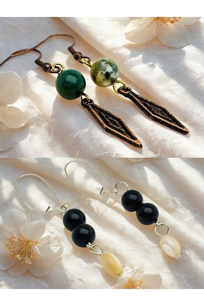 ayrestyle Indian Akiki & Onyx Natural Stone 2-Piece Dangle Dark Copper Color Zamak Plated Long Earrings
