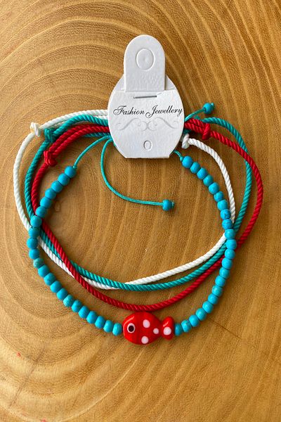 Shepidi 4Pcs Red Murano Fish and Beads,White Blue Red String Anklet