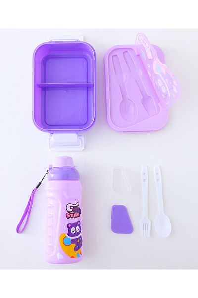 Fab N Funky Kids Lunch Box with Water Bottle and Accessories, Cute Star Theme - Lavender