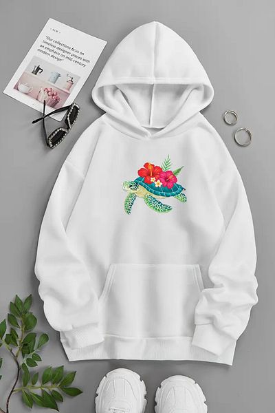 CLAYES Unisex White Hooded Sweatshirt – Turtle, Printed Thick Fabric
