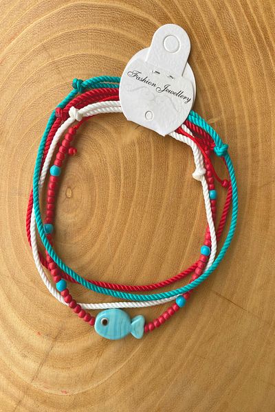 Shepidi 4 Murano Fish and Beads Red Blue White String Anklet