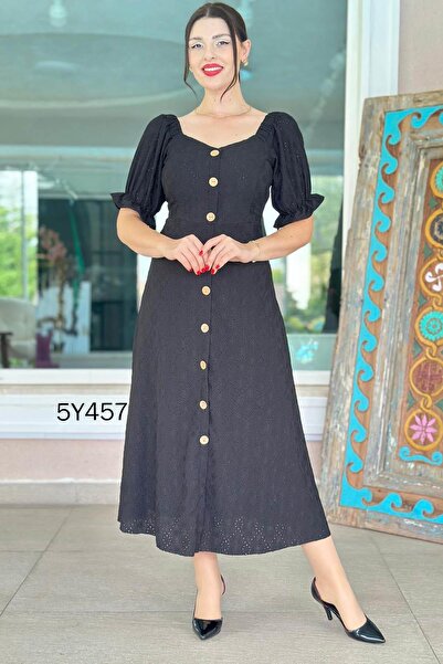 İnce Topuk Короткий рукав з ґудзиками спереду Броде сукня 5y457