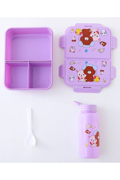 Fab N Funky Kids Lunch Box with Spoon and Water Bottle, Animal Theme, Durable, Leak Proof - Purple