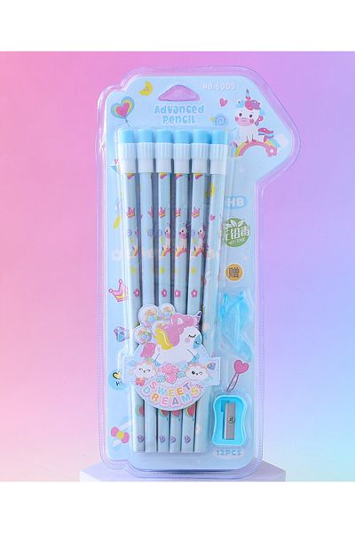 Fab N Funky Unicorn Theme HB Pencils With Sharpener and Pencil Grip, Ergonomic Design, 5 Years+, Blue - 14 Piece