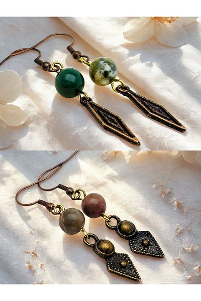 ayrestyle Indian Opal & Rhodonite Natural Stone 2-Piece Dangle Dark Copper Color Zamak Plated Long Earrings