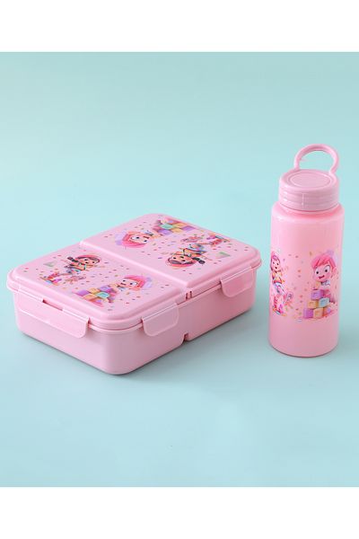 Fab N Funky Kids Lunch Box and Water Bottle Set with Spoon, Girls Theme, 3 Compartments- Pink