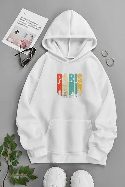 Sweetline Unisex White Hooded Sweatshirt – Colorful Paris City, Printed Thick Fabric