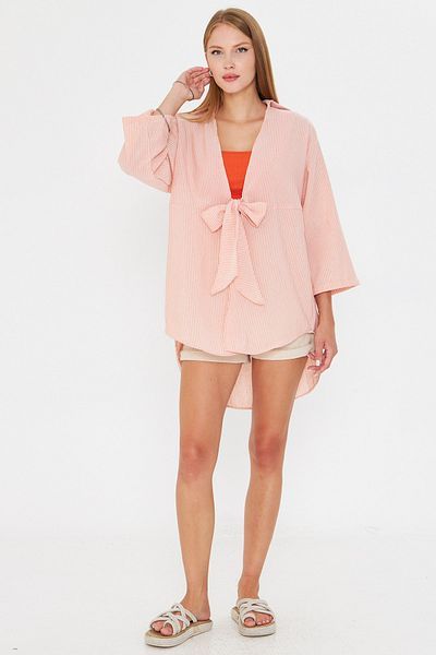 armonika Women's Orange Striped Front Tie Kimono Shirt Arm-25Y001085
