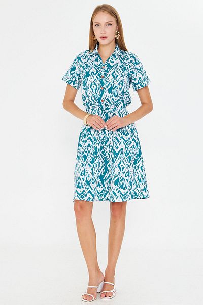 armonika Women's Emerald Elastic Waist Patterned Short Sleeve Shirt Dress Arm-23Y001079