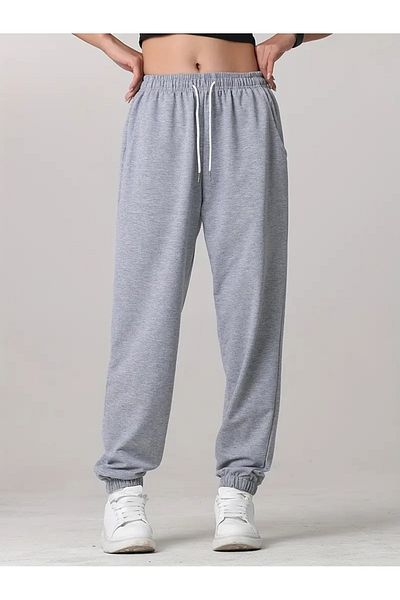 LOSSİA Women's Gray Jogger Large Size Loose Cut Quality Stretchy Comfortable Fabric Sweatpantsiııııı Dfghdfhyus