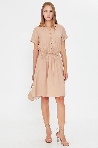 armonika Women's Beige Elastic Waist Short Sleeve Shirt Dress Arm-23Y001035